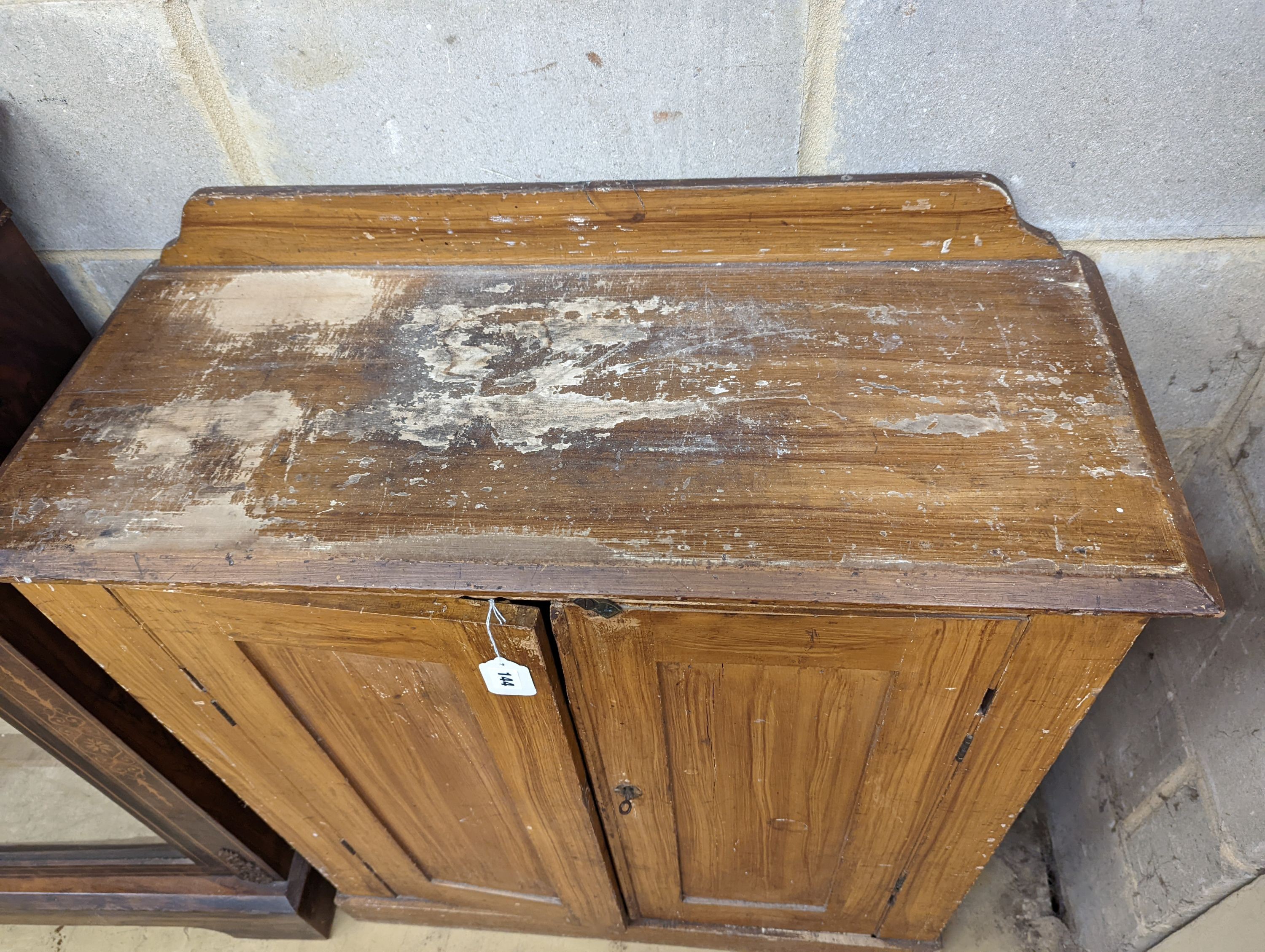 A Victorian small scumbled pine hall cabinet with painted simulated grain, width 84cm, depth 34cm, height 97cm